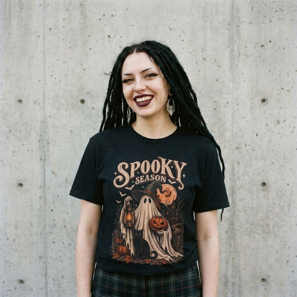 Model wearing Spooky Season Graphic Tee against a cement wall