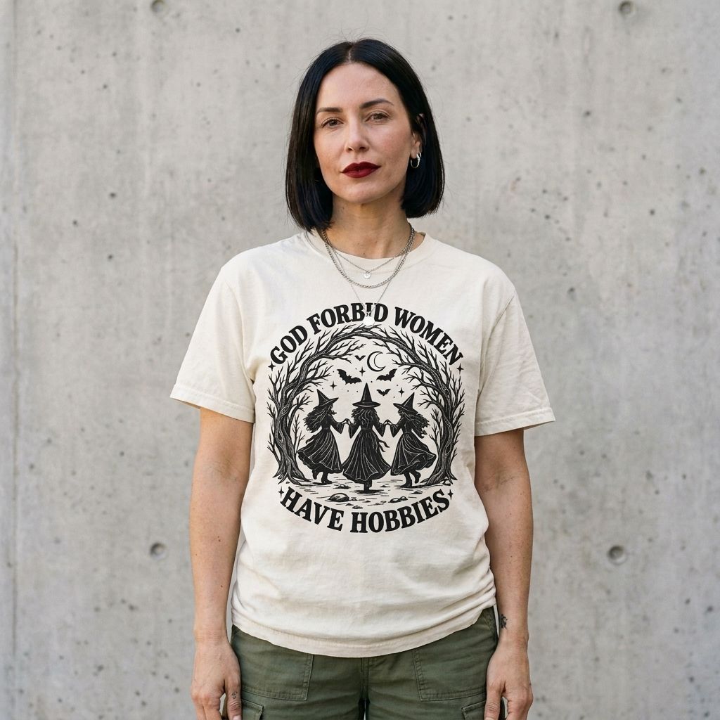 Model wearing God Forbid Women Have Hobbies Witch Graphic Tee against a cement wall