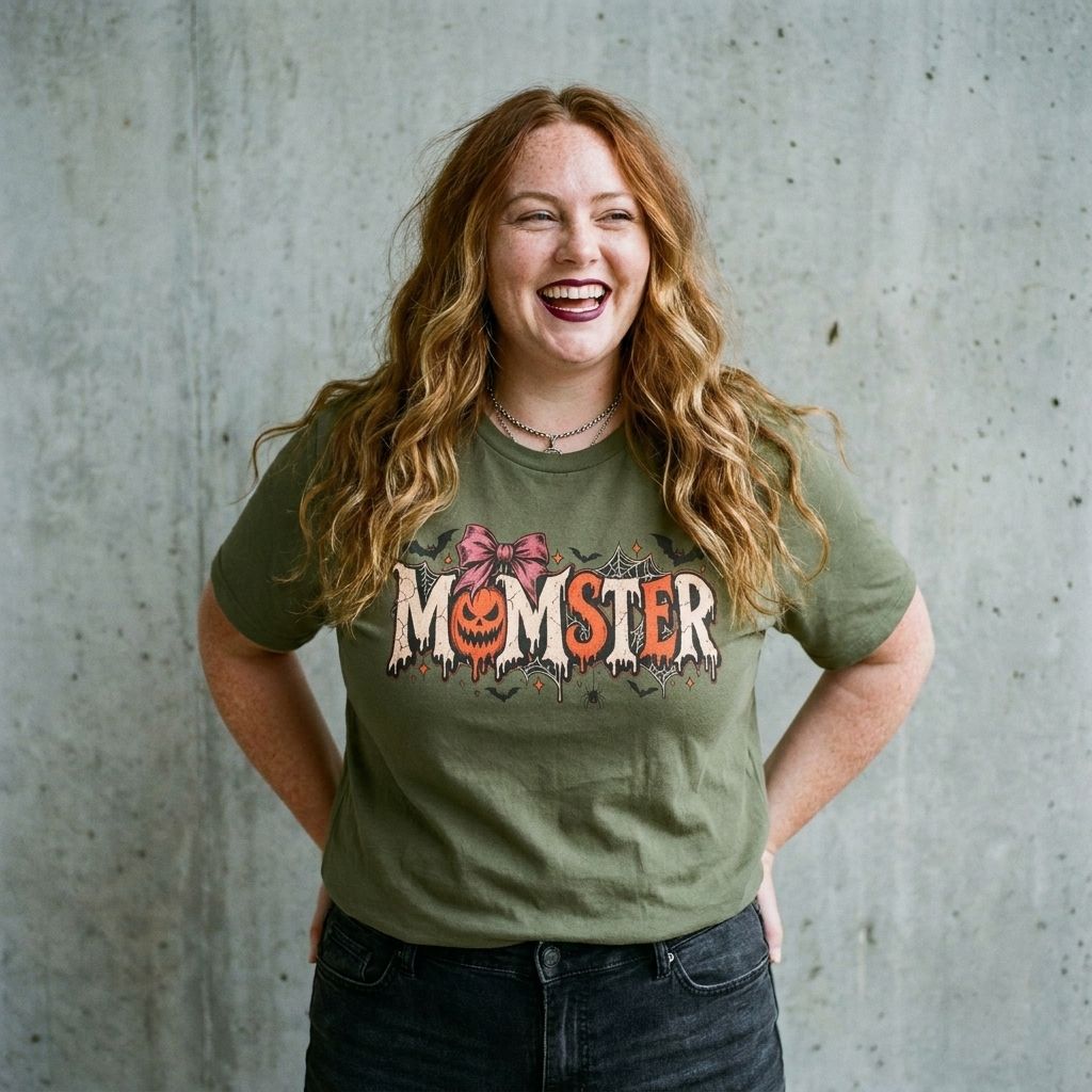 Model wearing Momster Halloween Tee against a cement wall
