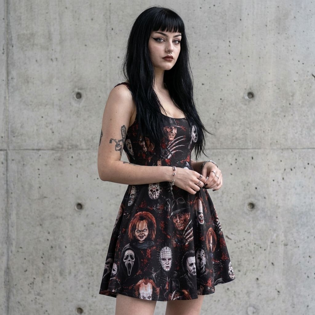 Model wearing Horror Icons Skater Dress against a cement wall