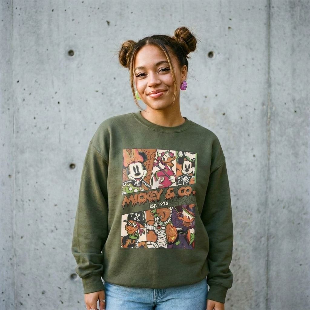 Model wearing Mickey & Co. Vintage Cartoon Crewneck Sweatshirt against a cement wall