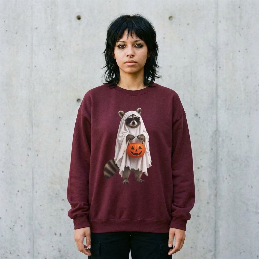 Model wearing Raccoon Ghost Sweatshirt against a cement wall