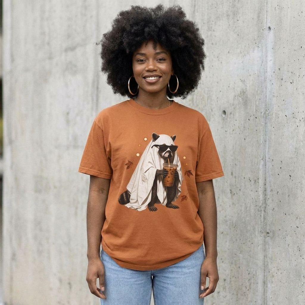 Model wearing Ghost Raccoon Iced Coffee Tee against a cement wall