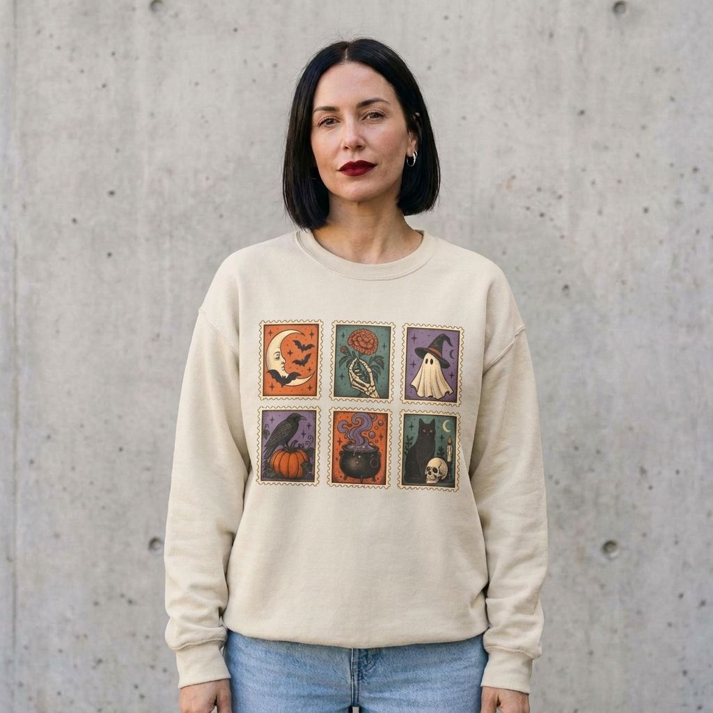 Model wearing Vintage Spooky Stamp Halloween Sweatshirt against a cement wall