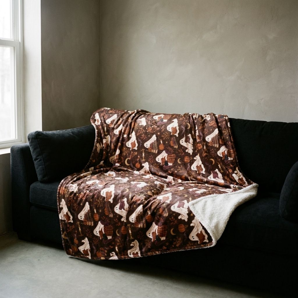 Autumn Ghosts & Books Sherpa Blanket draped over a sofa in a living room