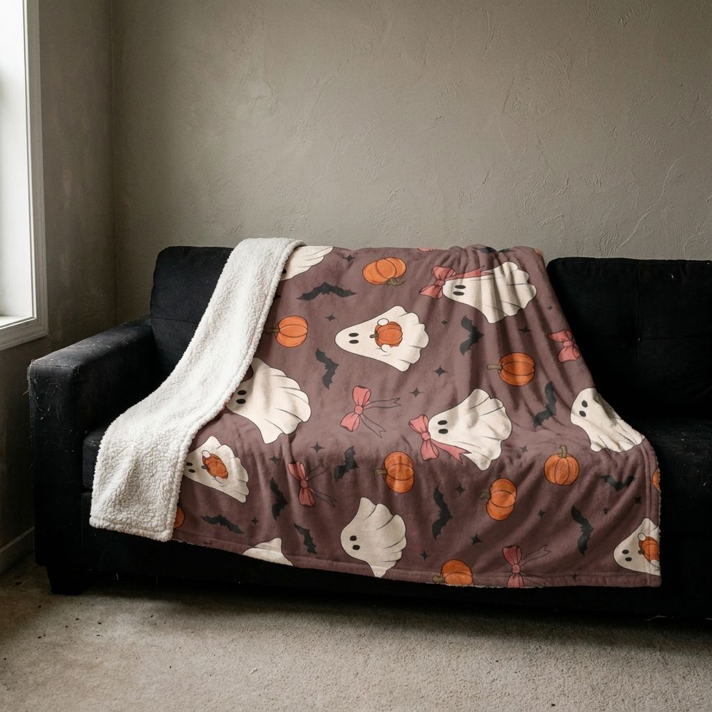Autumn Ghosts Sherpa Blanket draped over a sofa in a living room