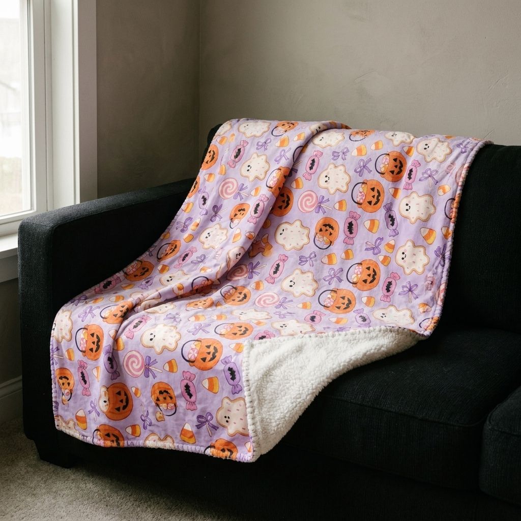 Halloween Candy Sherpa Blanket draped over a sofa in a living room
