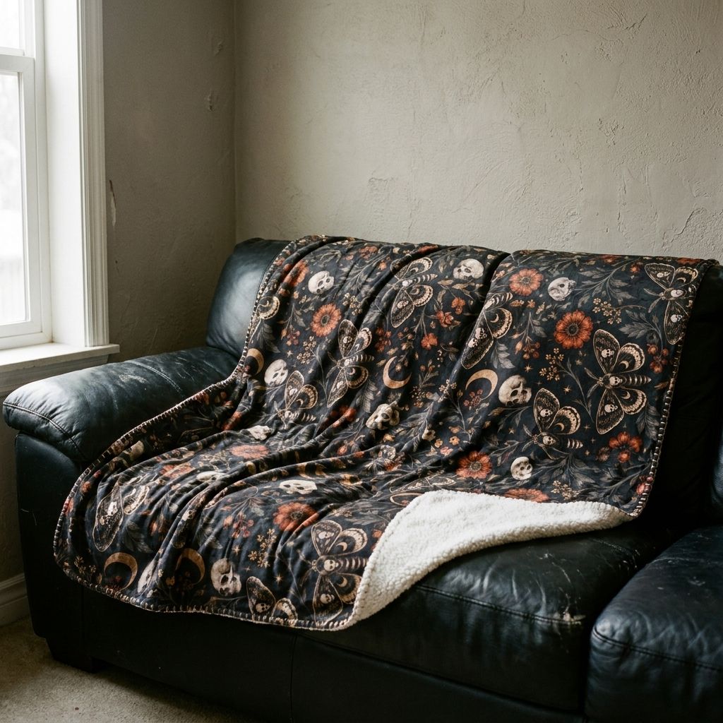 Mystic Moth Sherpa Blanket draped over a sofa in a living room
