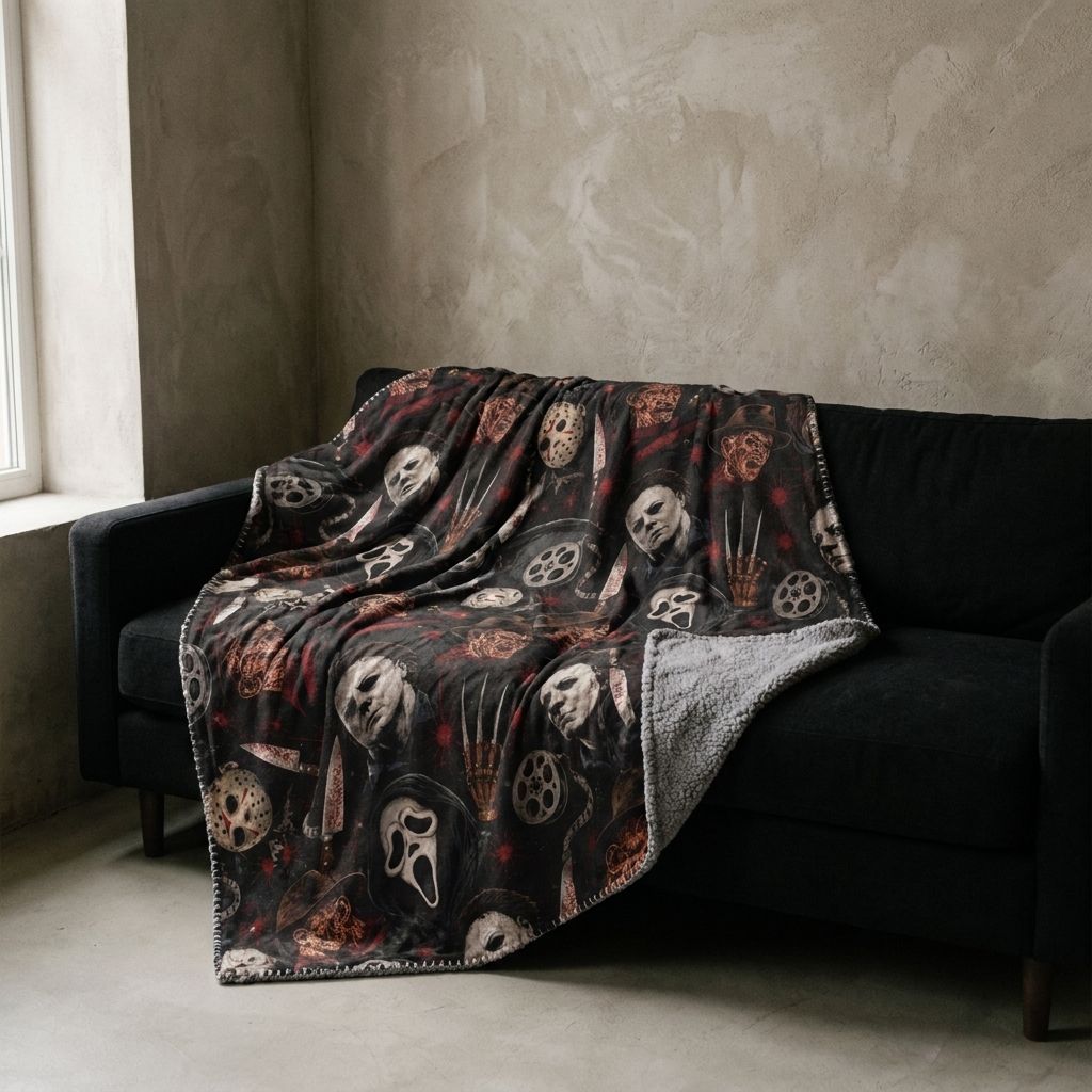 Horror Icons Sherpa Blanket draped over a sofa in a living room