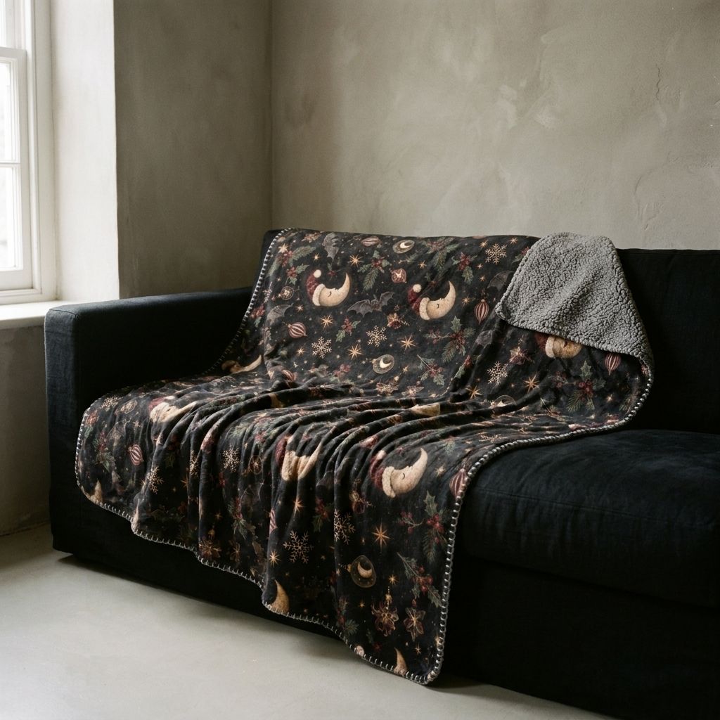 Celestial Christmas Night Sherpa Blanket draped over a sofa in a living room