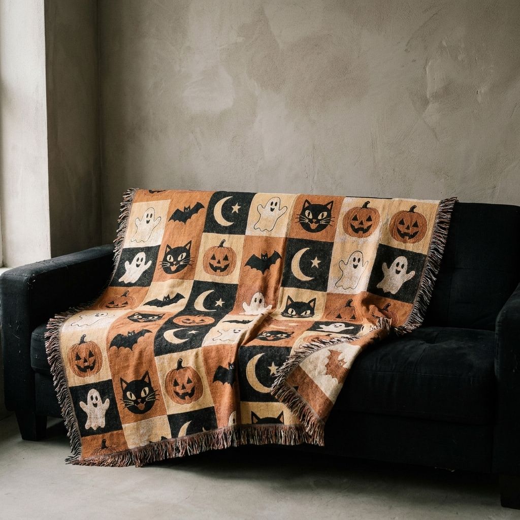 Halloween Patchwork Woven Blanket draped over a sofa in a living room