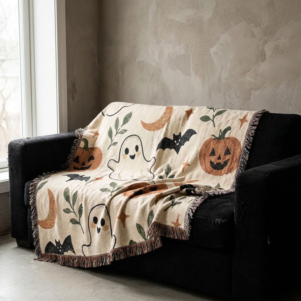 Halloween Ghost & Pumpkin Woven Blanket draped over a sofa in a living room