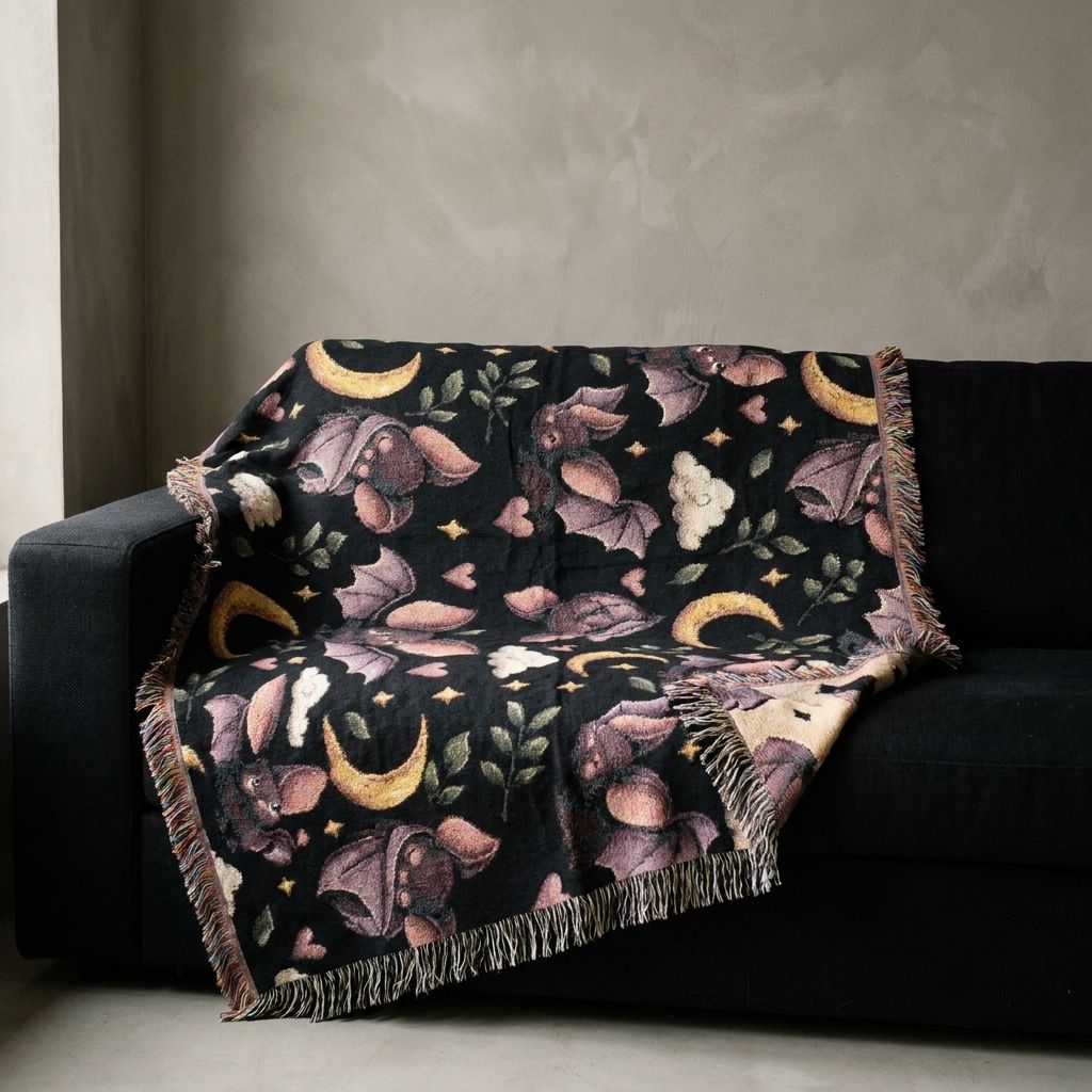 Woven Bat Pattern Throw Blanket draped over a sofa in a living room