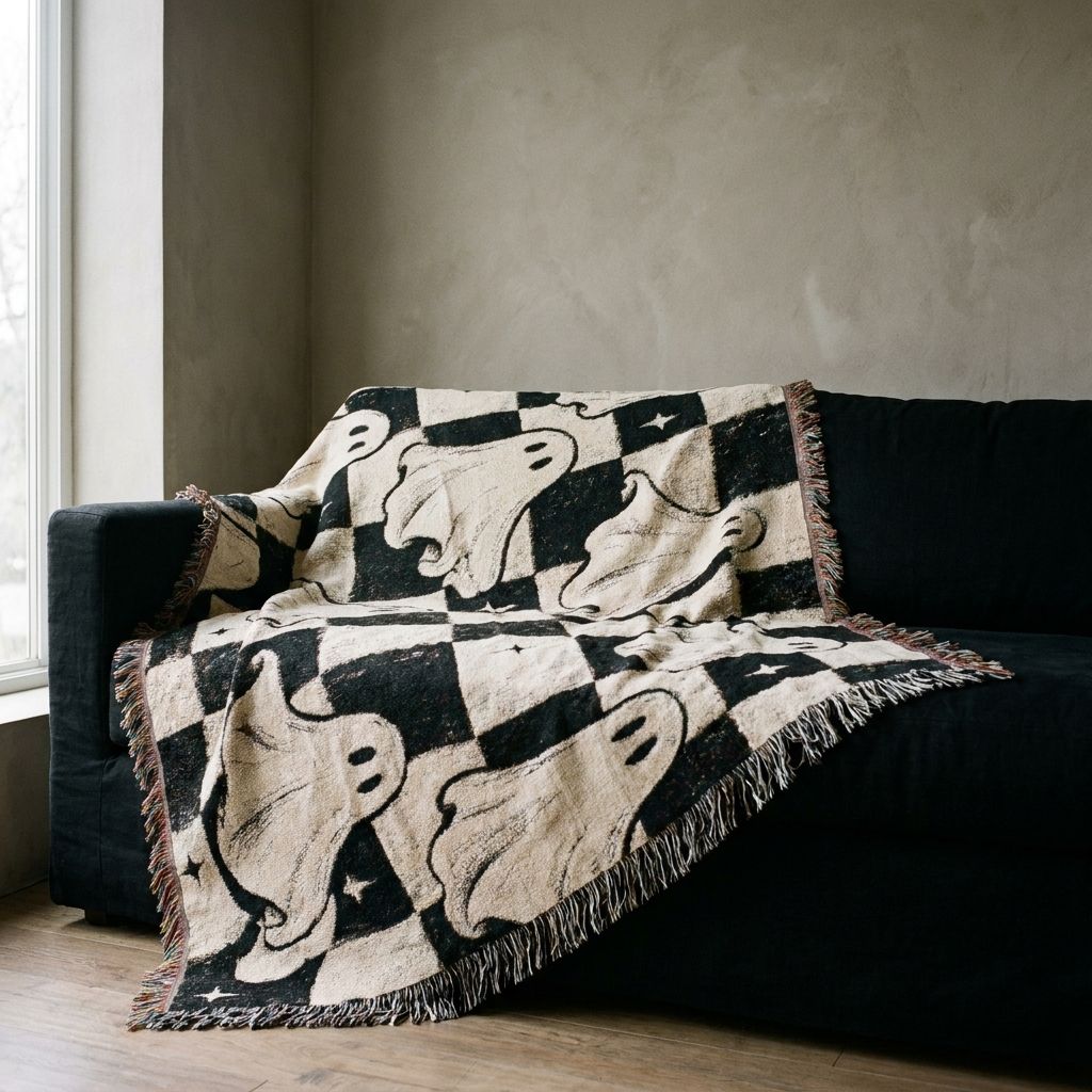 Woven Ghost Pattern Throw Blanket draped over a sofa in a living room
