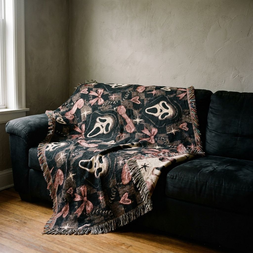 Woven Ghostface Throw Blanket draped over a sofa in a living room