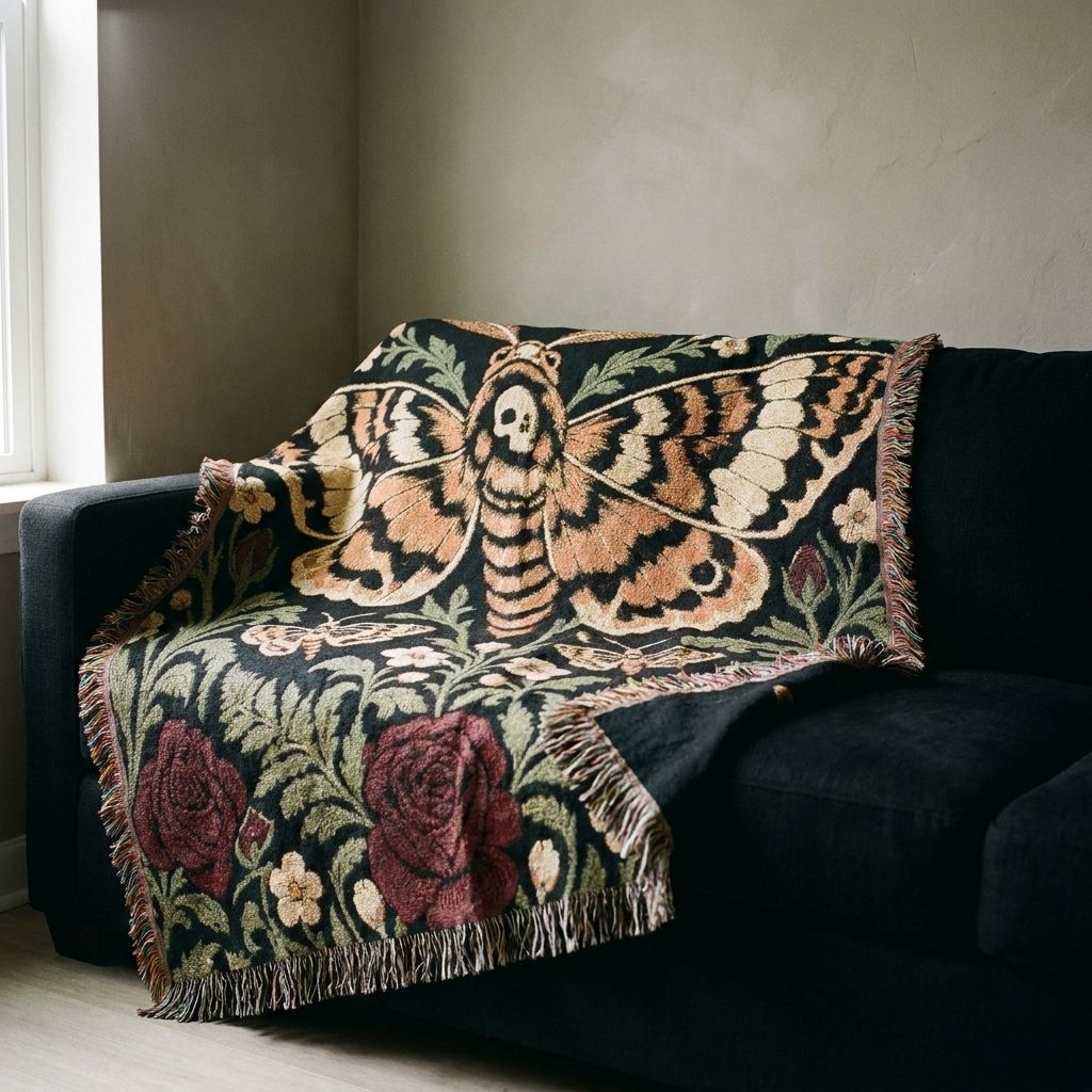 Moth & Crescent Woven Blanket draped over a sofa in a living room