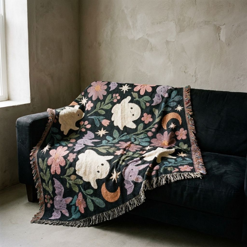 Spooky Ghosts and Floral Moon Woven Blanket draped over a sofa in a living room