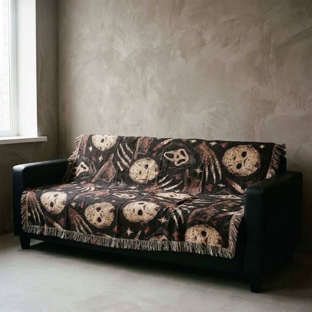 Horror Icon Woven Throw Blanket draped over a sofa in a living room