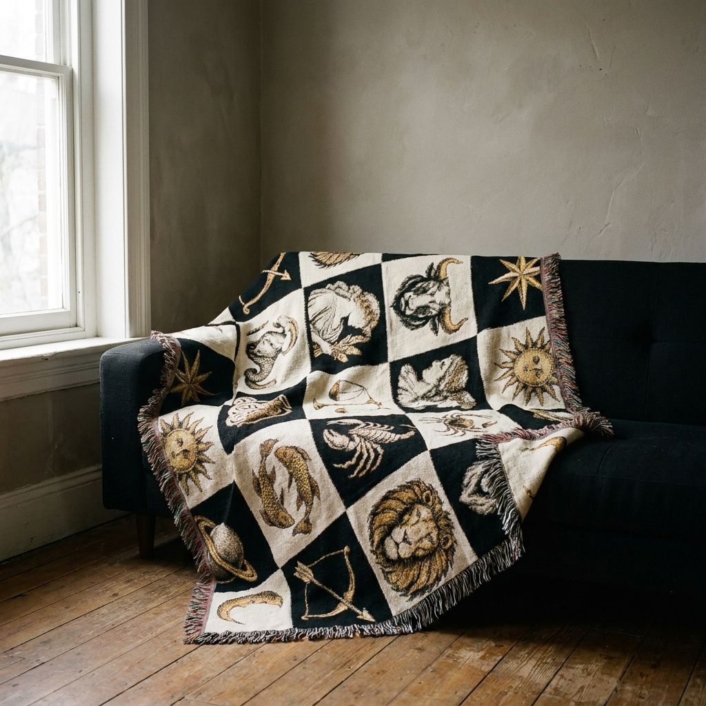 Zodiac Checkerboard Woven Blanket draped over a sofa in a living room