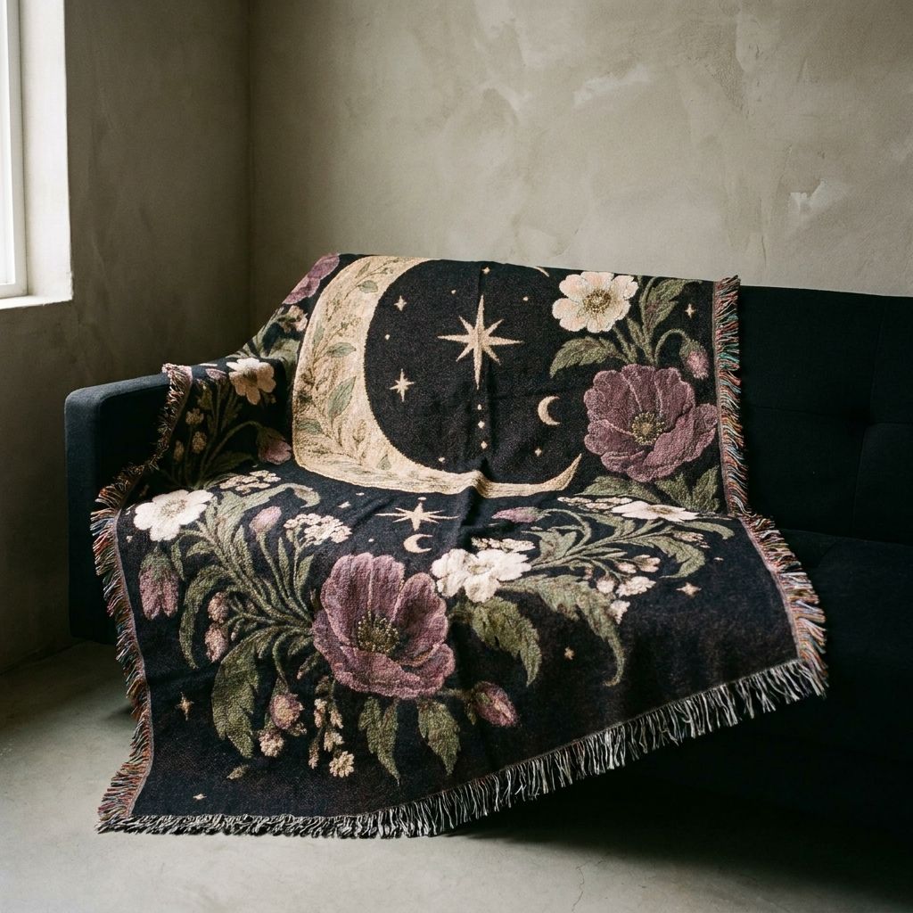 Celestial Moon and Floral Woven Blanket draped over a sofa in a living room