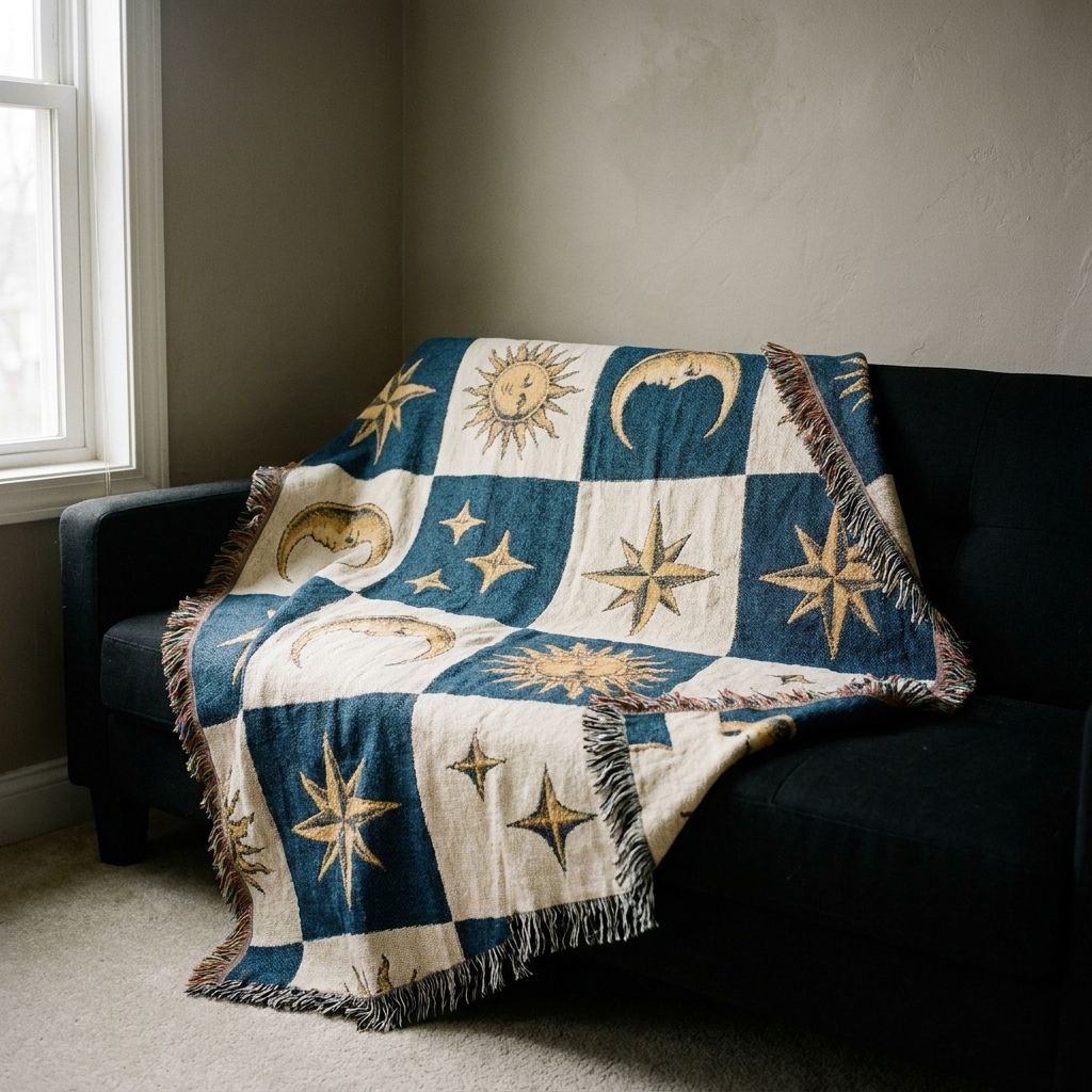 Celestial Sun & Moon Woven Blanket draped over a sofa in a living room