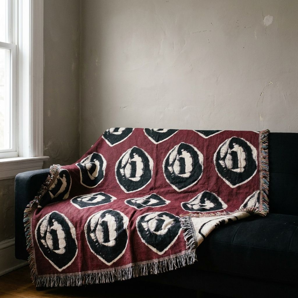 Vampire Fangs Woven Blanket draped over a sofa in a living room