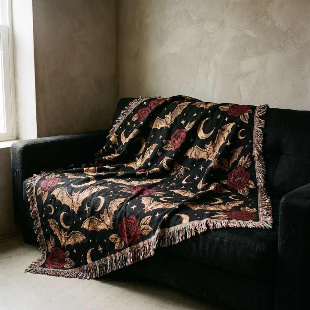 Gothic Bats Woven Throw Blanket draped over a sofa in a living room