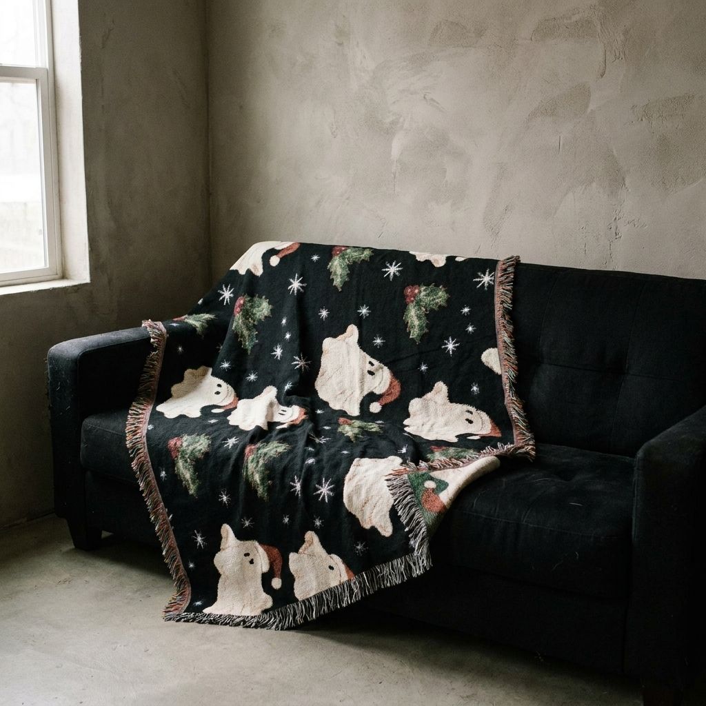 Christmas Ghost Woven Blanket draped over a sofa in a living room