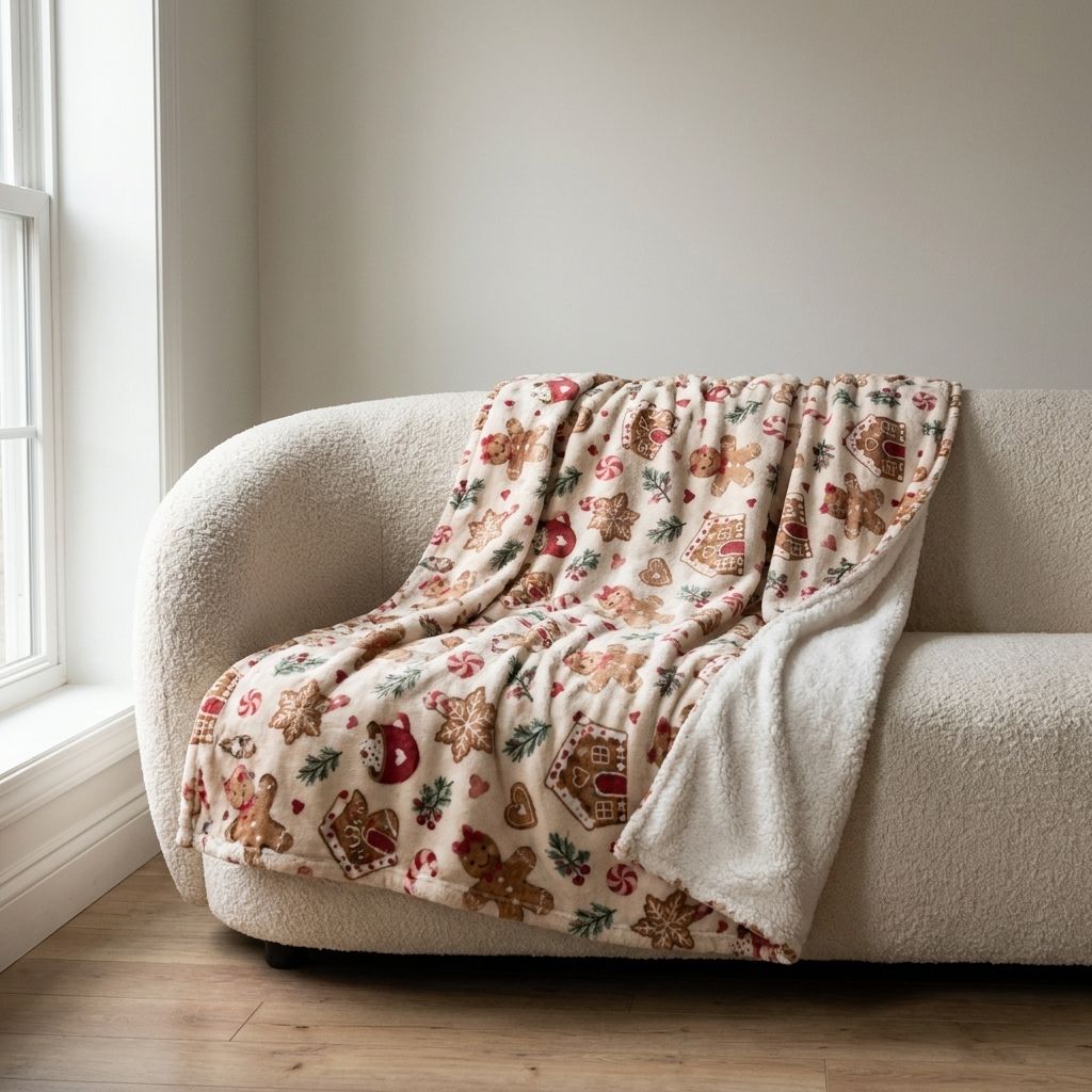 Gingerbread Christmas Sherpa Blanket draped over a sofa in a living room