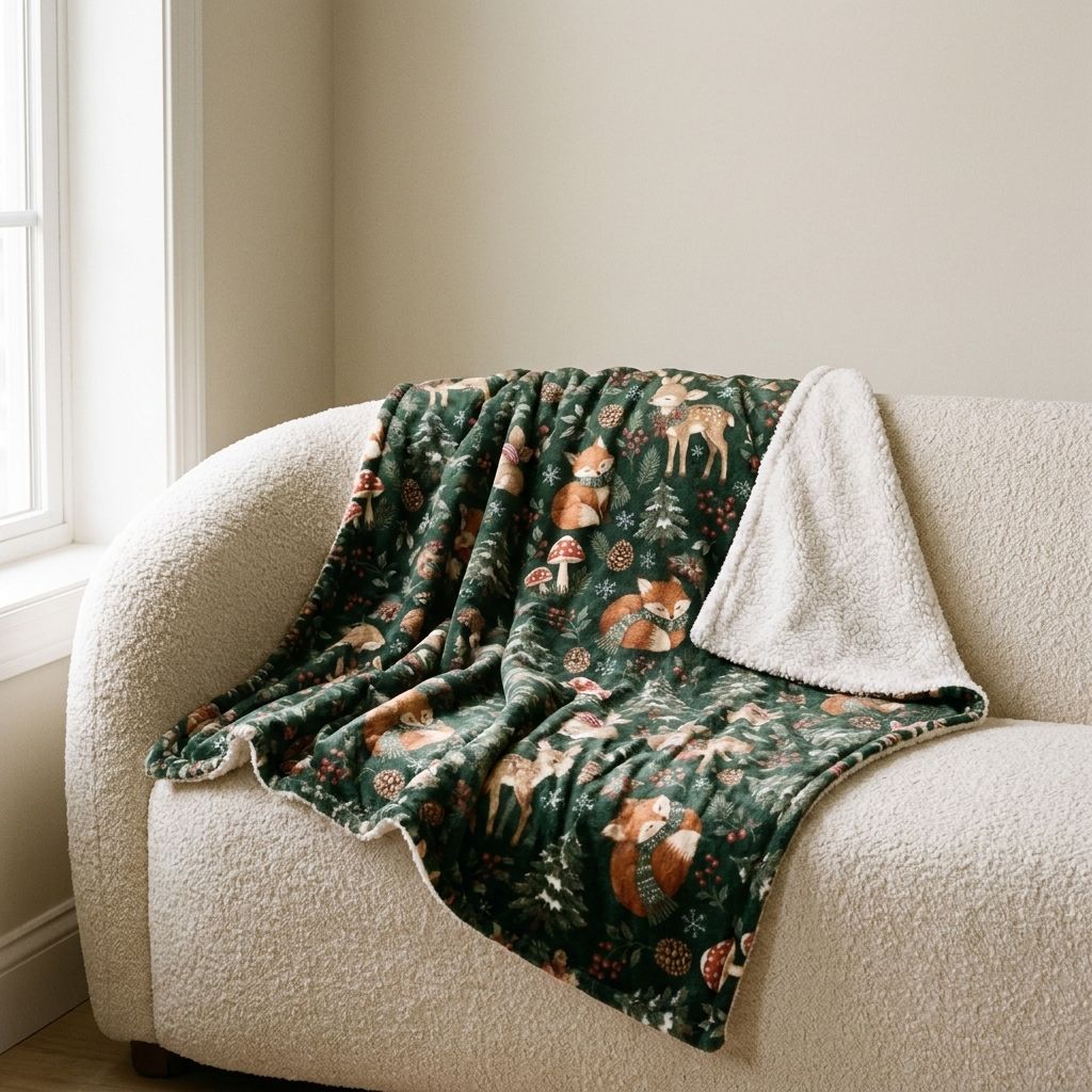 Woodland Winter Sherpa Blanket draped over a sofa in a living room