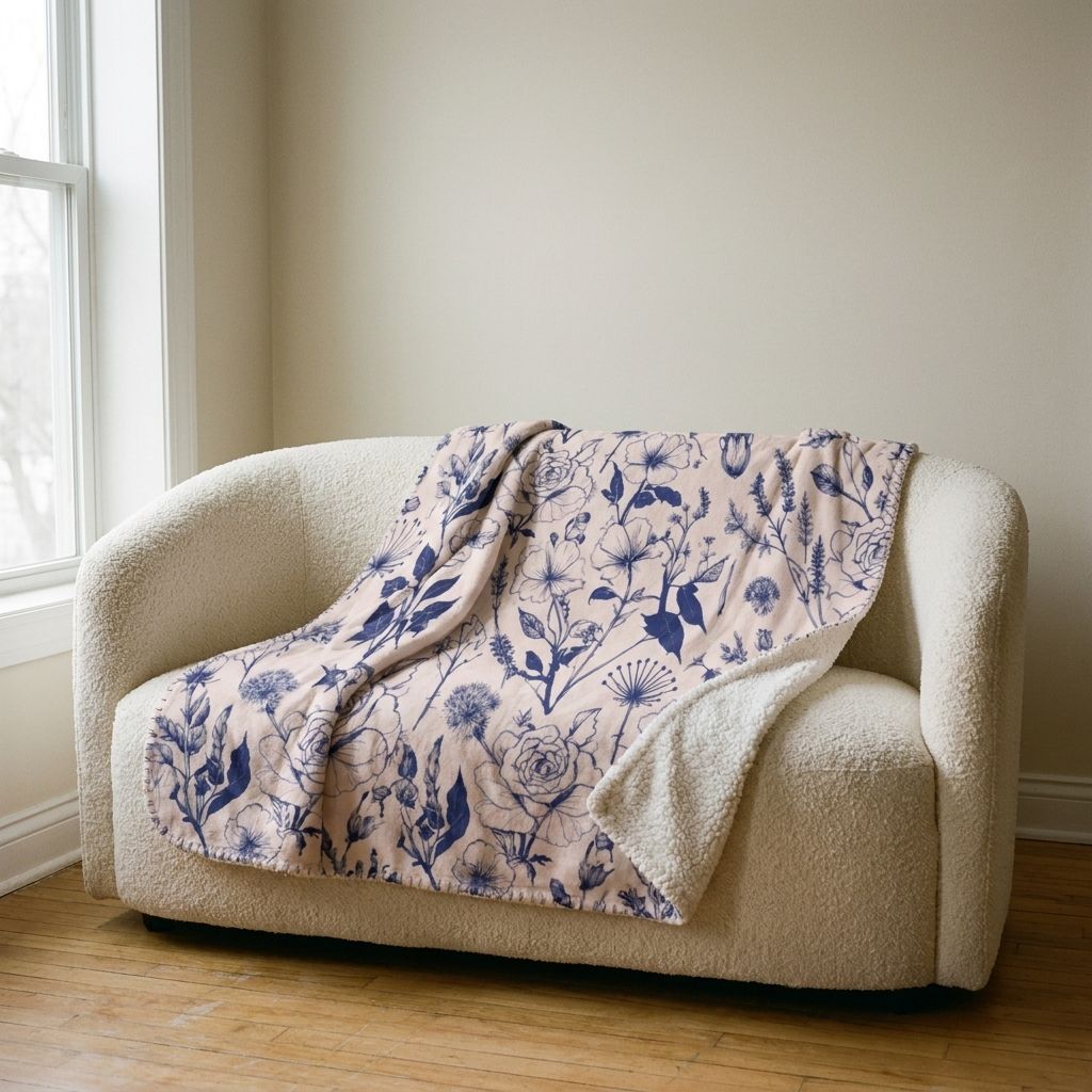 Navy Botanical Sherpa Blanket draped over a sofa in a living room