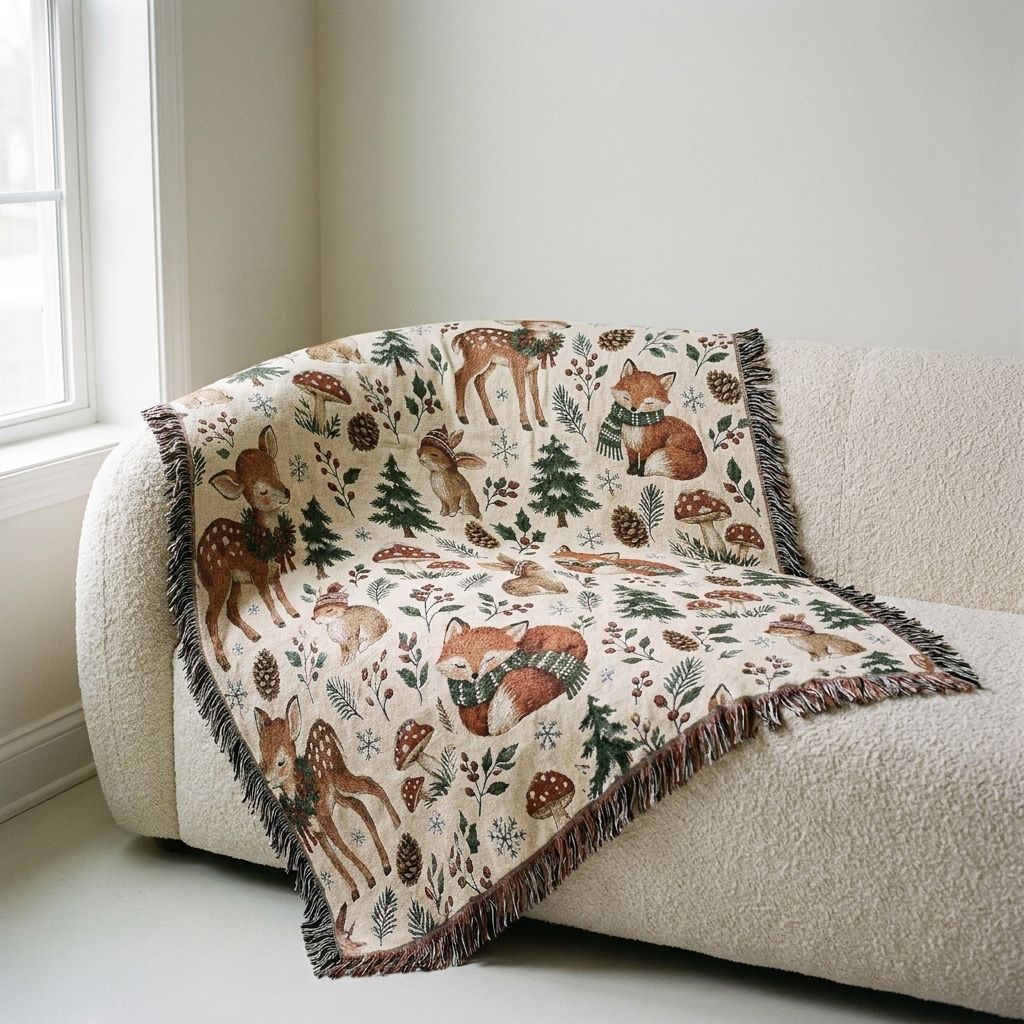 Woodland Winter Woven Blanket draped over a sofa in a living room
