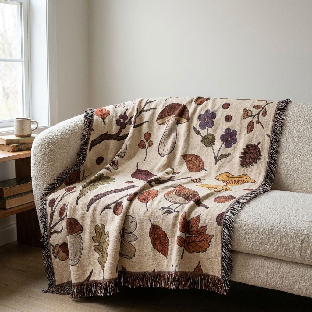 Autumn Forage Woven Blanket draped over a sofa in a living room