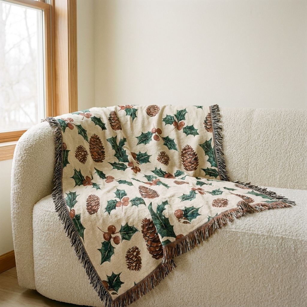 Pinecone & Holly Woven Blanket draped over a sofa in a living room