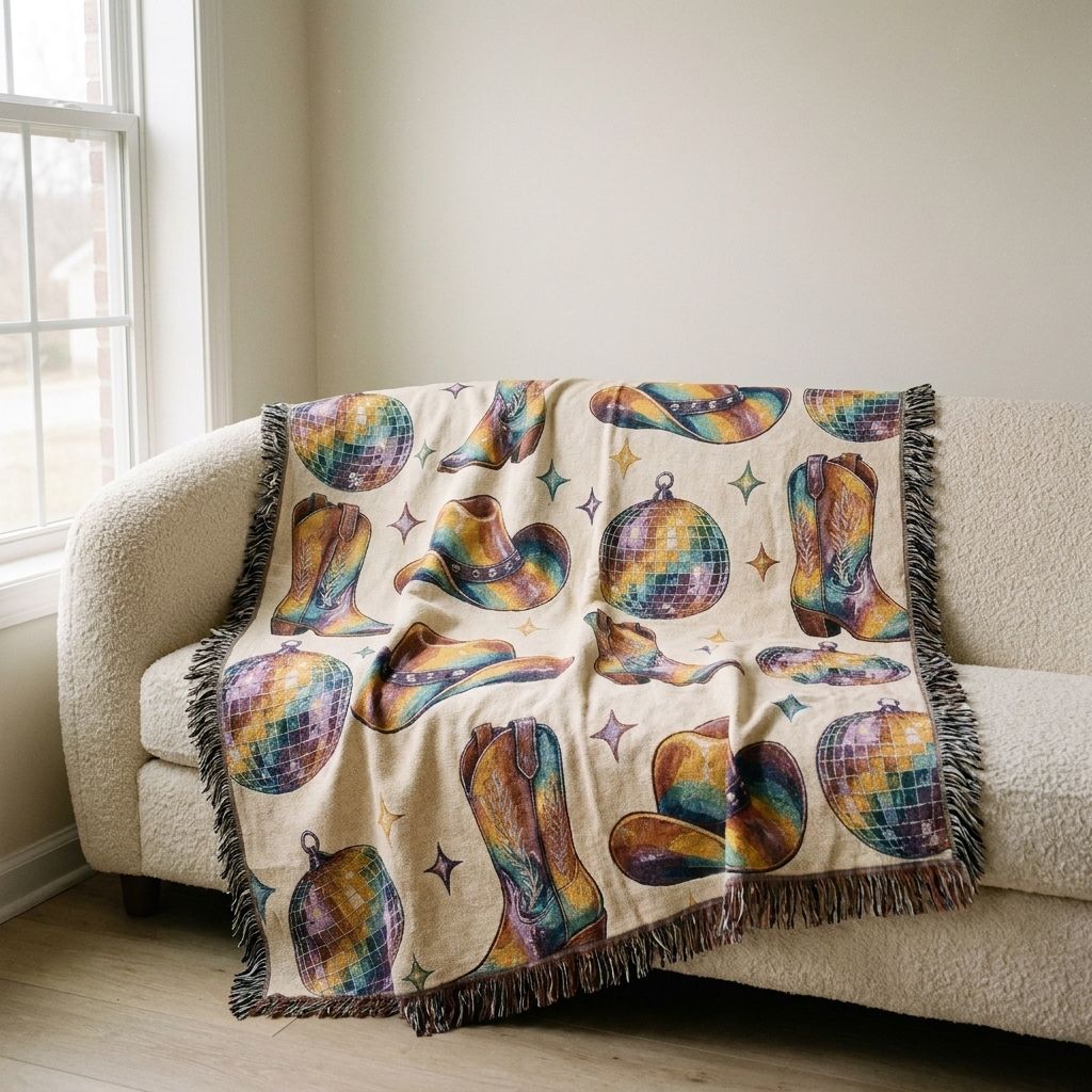 Disco Cowboy Woven Blanket draped over a sofa in a living room