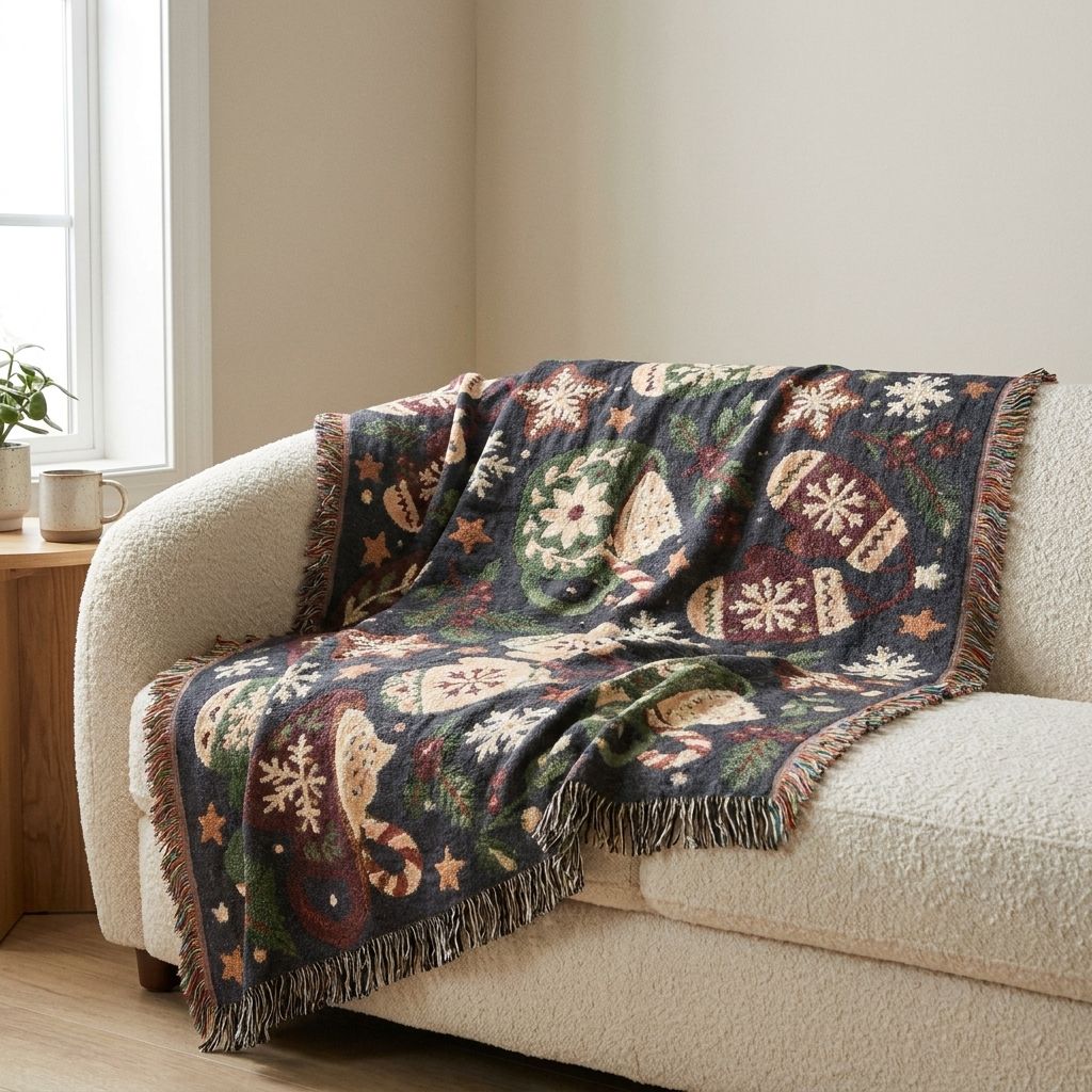 Hot Cocoa Woven Holiday Throw Blanket draped over a sofa in a living room