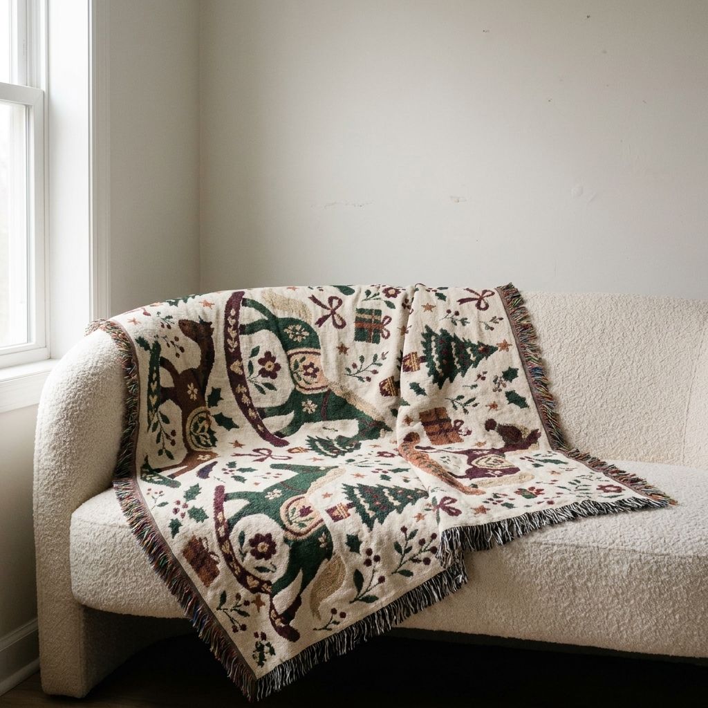 Woven Rocking Horse Holiday Throw Blanket draped over a sofa in a living room