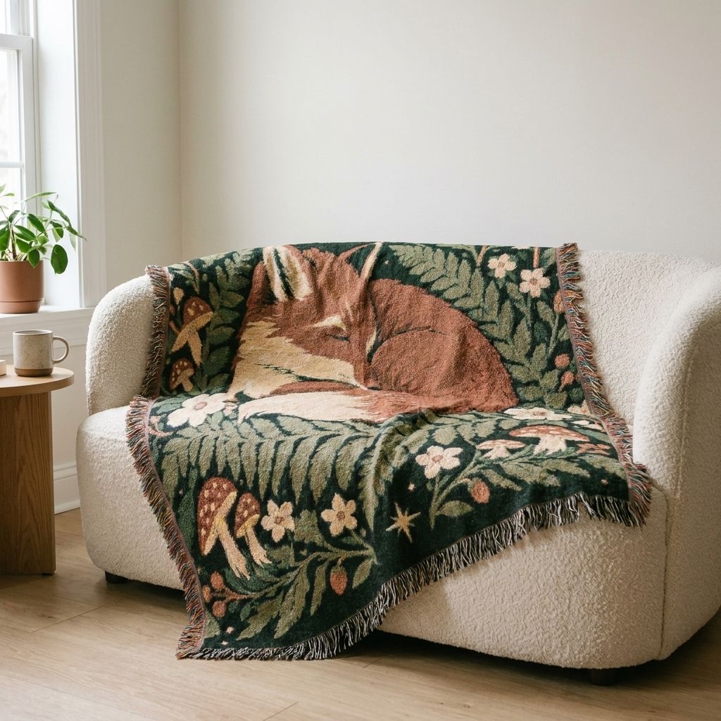 Fox Moon Woven Blanket draped over a sofa in a living room