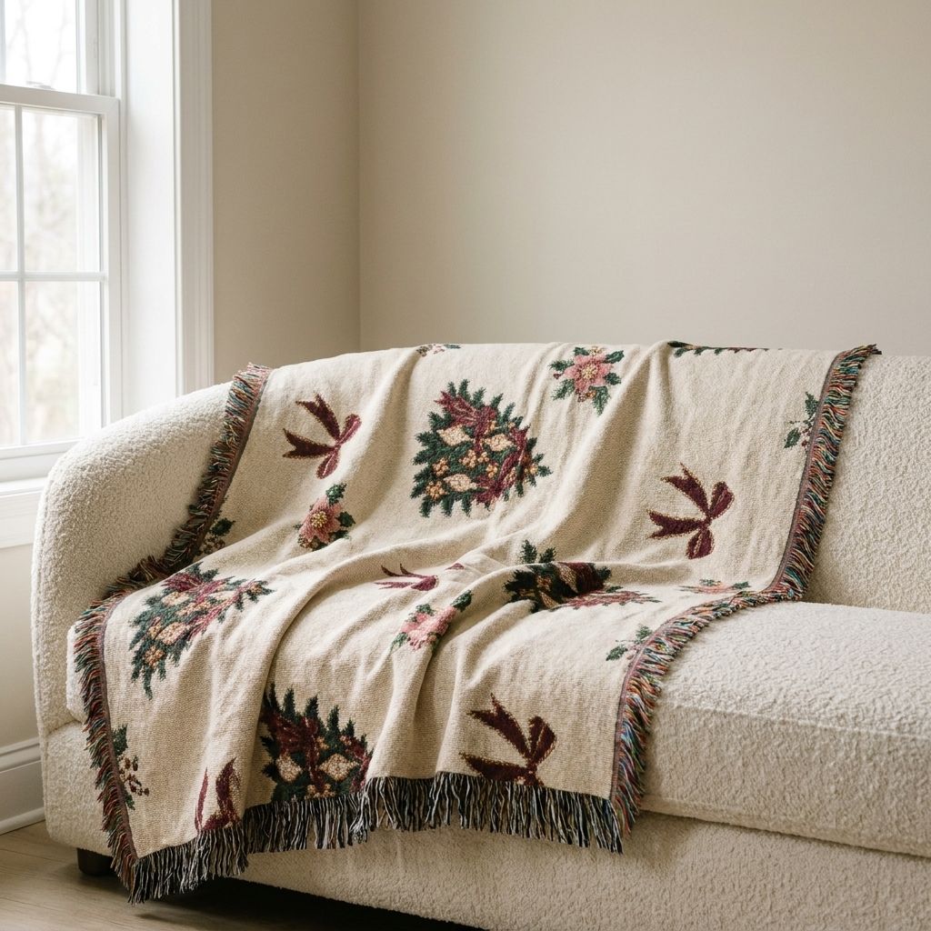 Vintage Christmas Tree Woven Blanket draped over a sofa in a living room