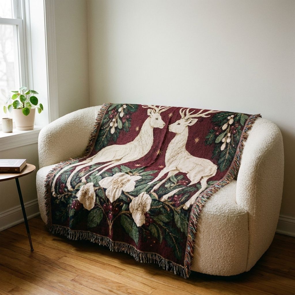 Reindeer Woven Blanket draped over a sofa in a living room