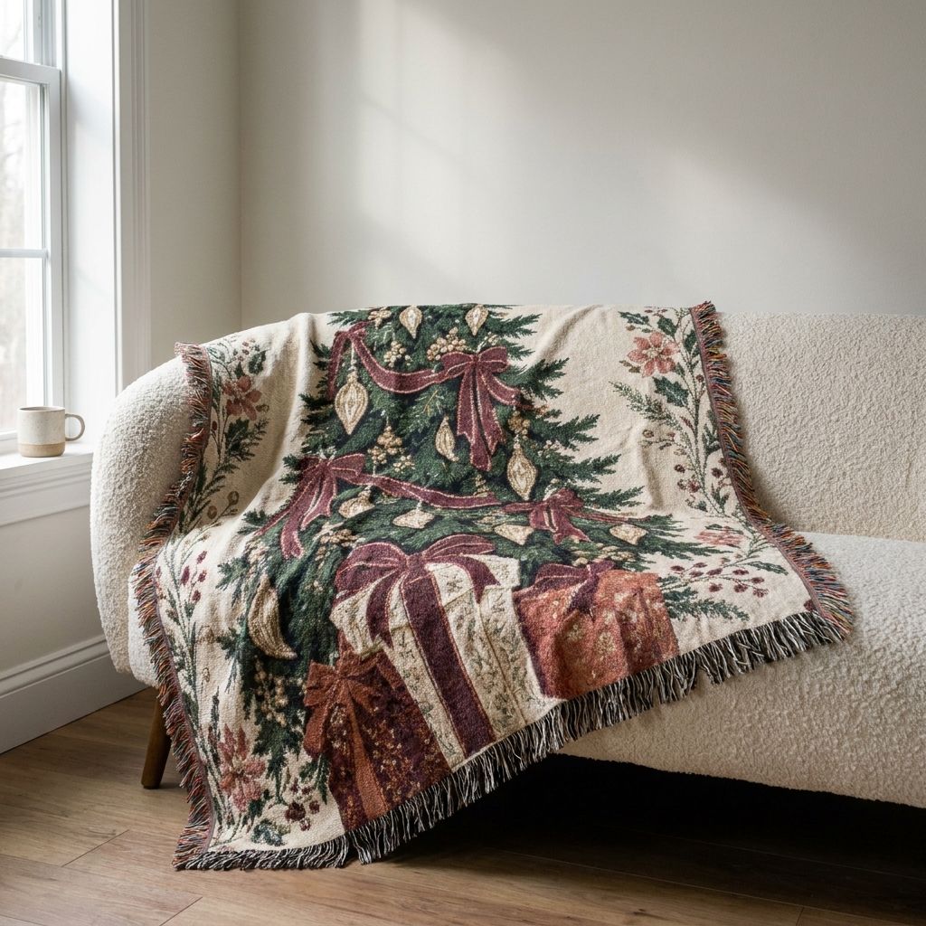 Christmas Tree Woven Blanket draped over a sofa in a living room