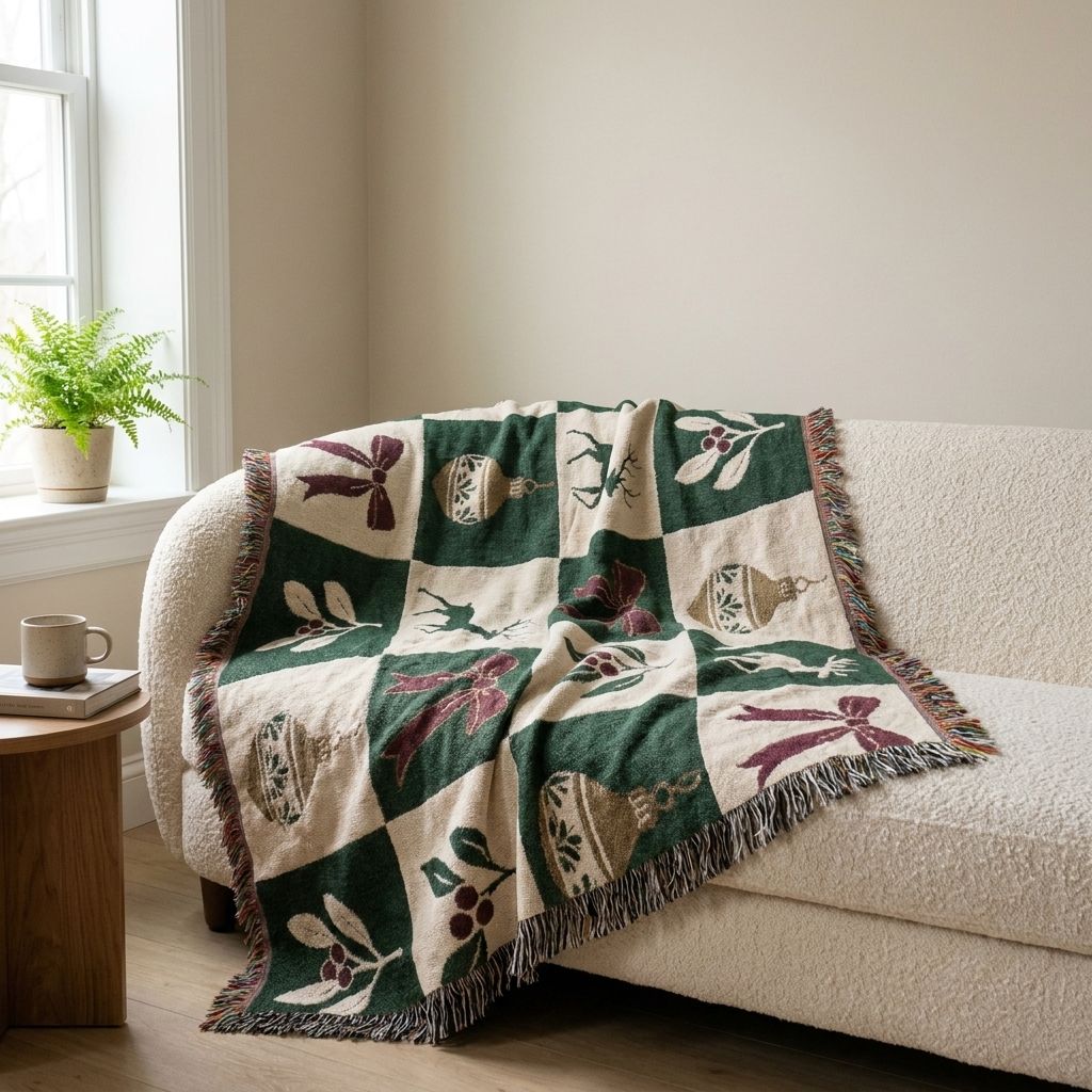 Holiday Reindeer & Ornaments Woven Blanket draped over a sofa in a living room