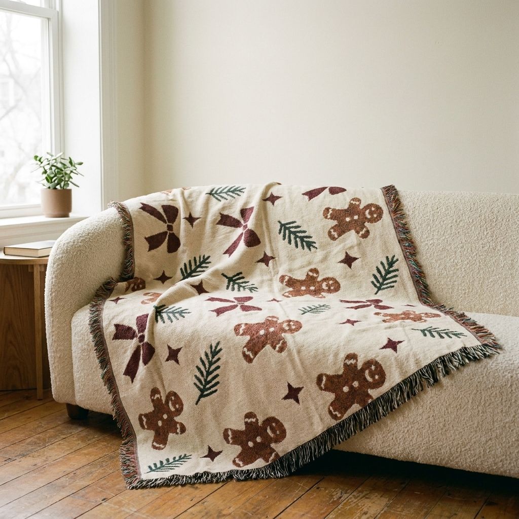 Gingerbread Holiday Woven Blanket draped over a sofa in a living room