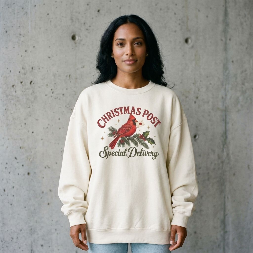 Woman wearing the Botanical Winter Wreath Christmas crewneck sweatshirt against a cement wall
