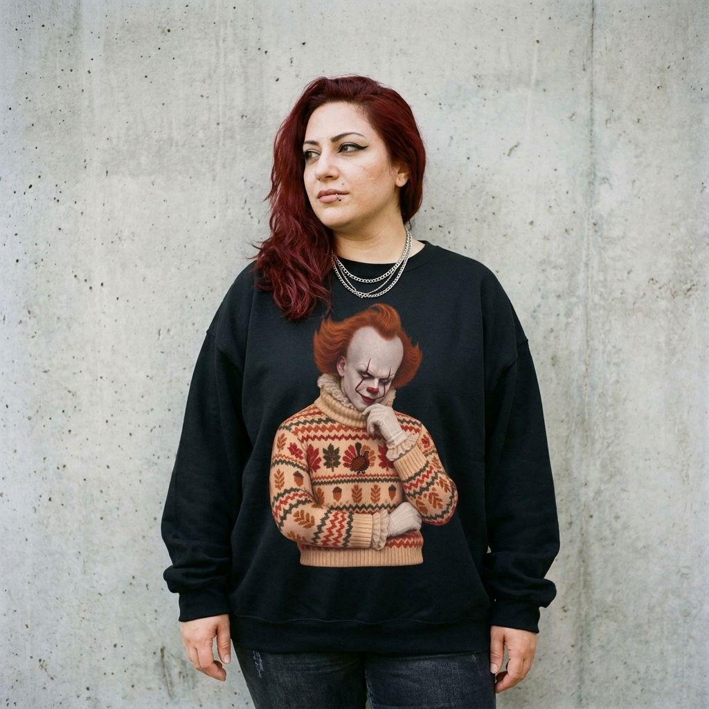 Woman wearing the Pennywise Thanksgiving horror sweatshirt in black against a cement wall