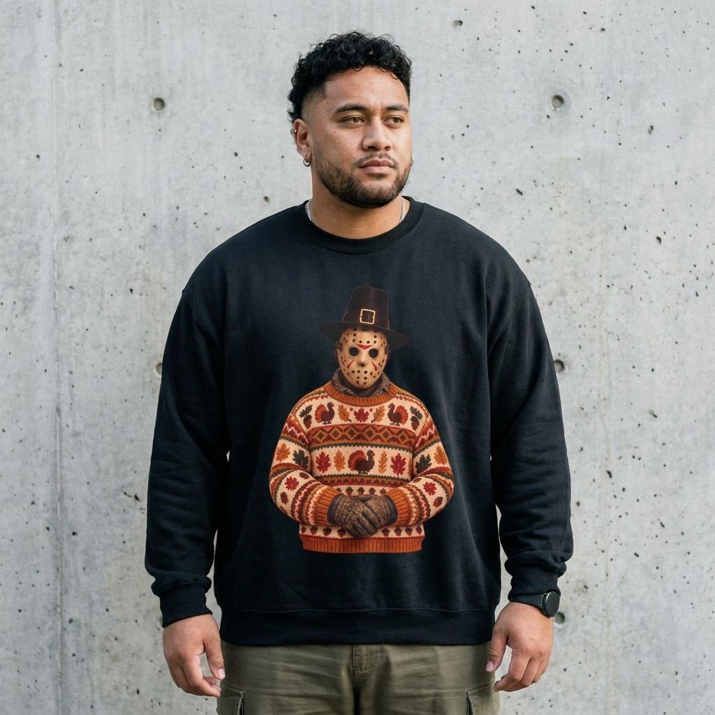Man wearing the Jason Voorhees Thanksgiving horror sweatshirt in black against a cement wall