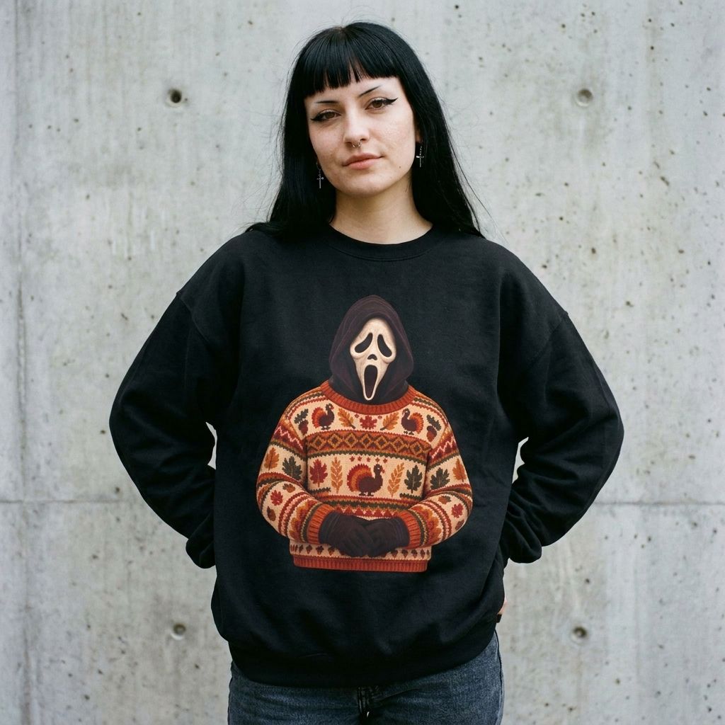 Woman wearing the Ghostface Thanksgiving horror sweatshirt in black against a cement wall