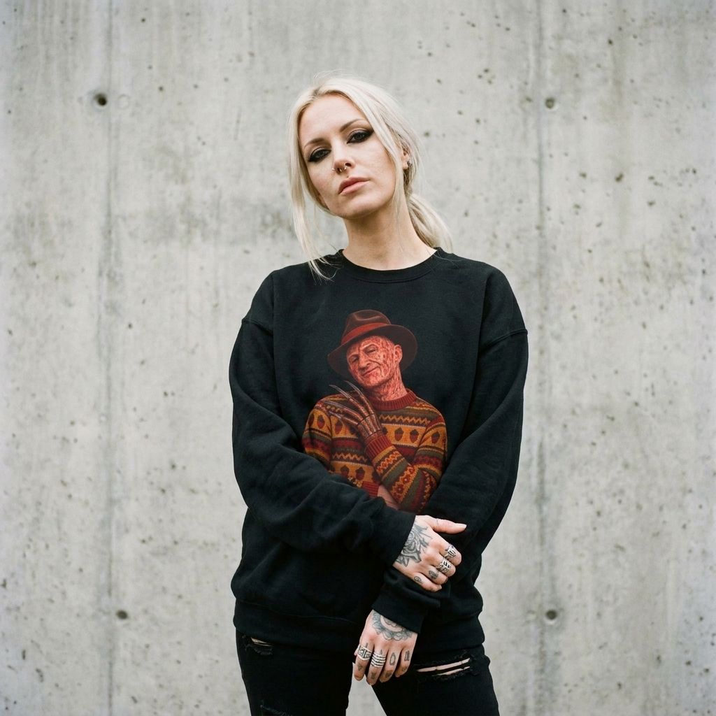 Woman wearing the Freddy Krueger Thanksgiving horror sweatshirt in black against a cement wall