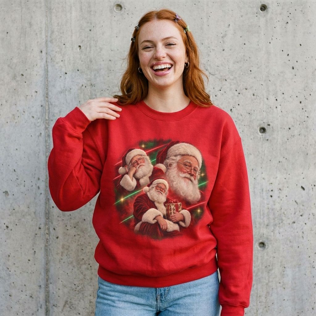 Woman wearing the Vintage Santa 80s glamour portrait Christmas sweatshirt against a cement wall