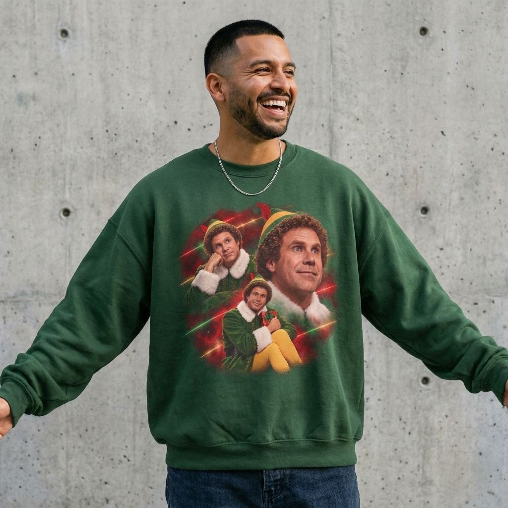 Man wearing the Buddy the Elf Christmas sweatshirt against a cement wall